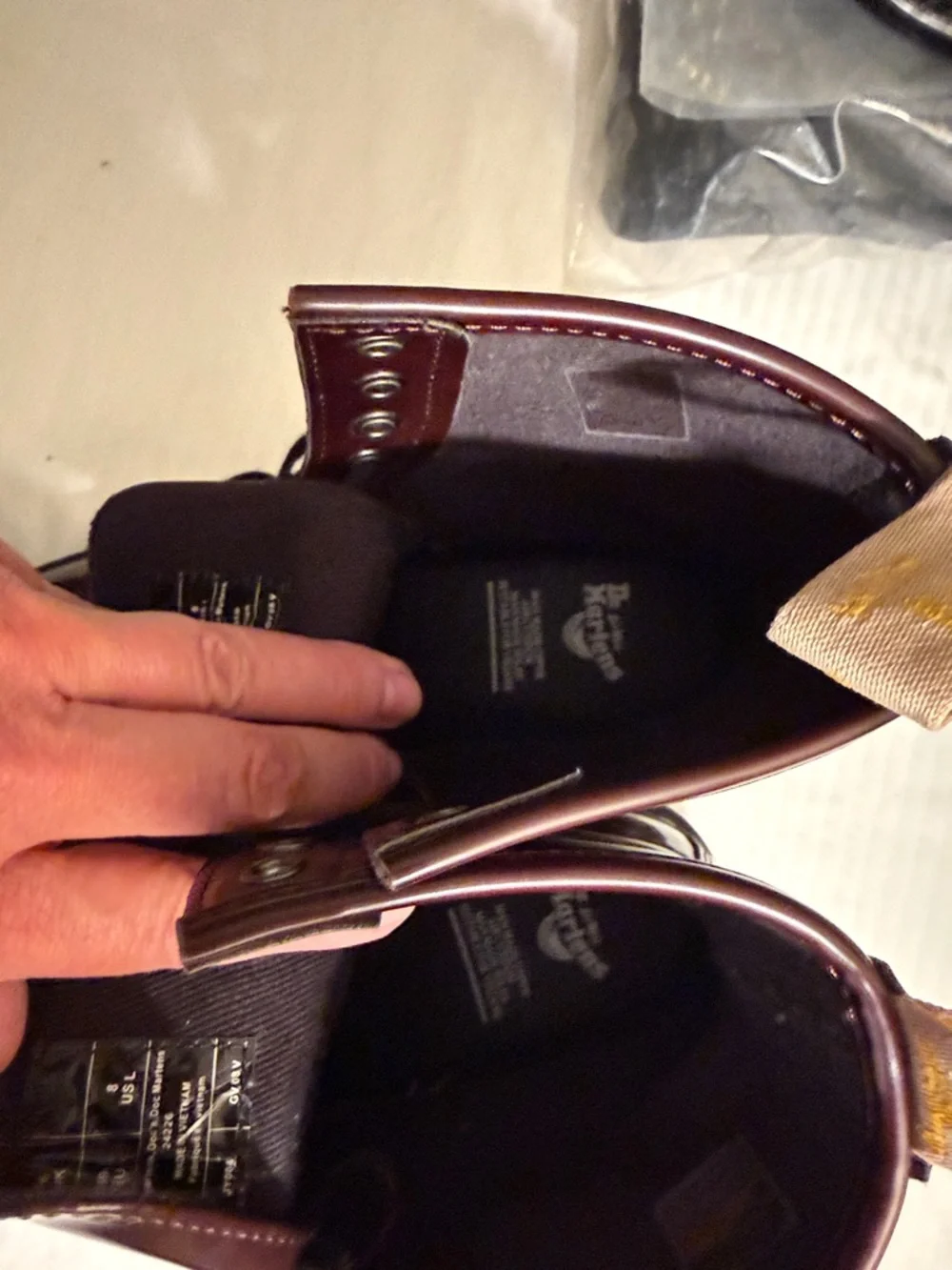 Dr. Martens Cherry/Deep Red Leather Combat Boots with Yellow Heel Loop - Picture 7 of 7